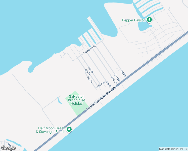 map of restaurants, bars, coffee shops, grocery stores, and more near 4105 5th Street in Galveston