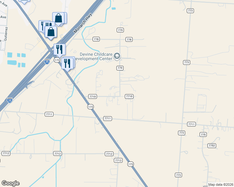 map of restaurants, bars, coffee shops, grocery stores, and more near 263 County Road 7710 in Devine