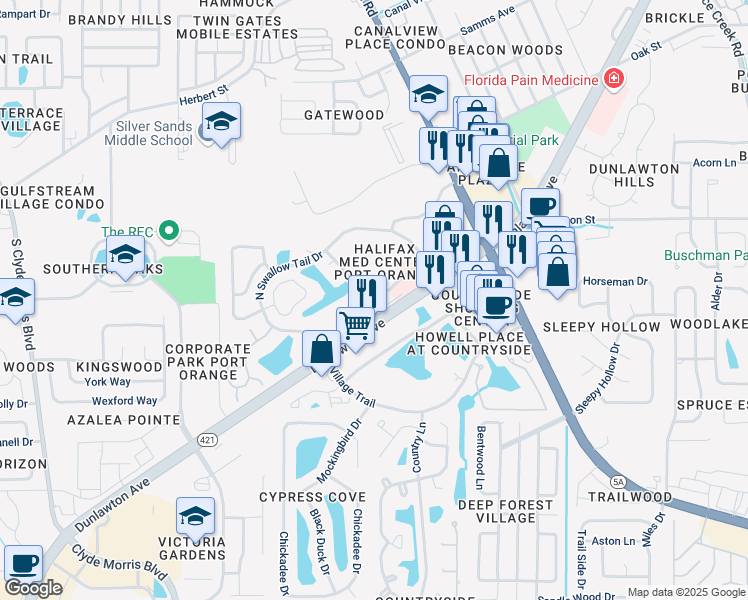 map of restaurants, bars, coffee shops, grocery stores, and more near 1165 Dunlawton Avenue in Port Orange
