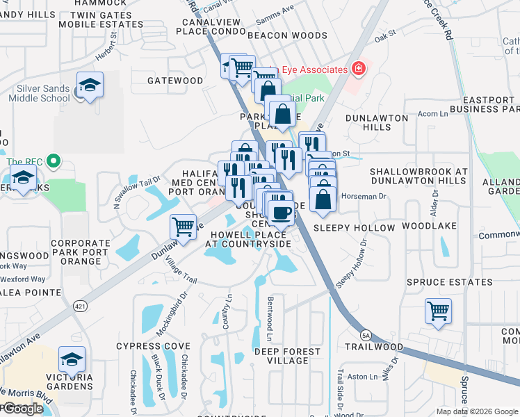 map of restaurants, bars, coffee shops, grocery stores, and more near 3830 South Nova Road in Port Orange