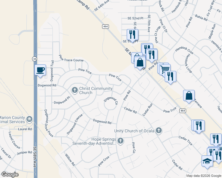 map of restaurants, bars, coffee shops, grocery stores, and more near 29 Pine Trace Loop in Ocala