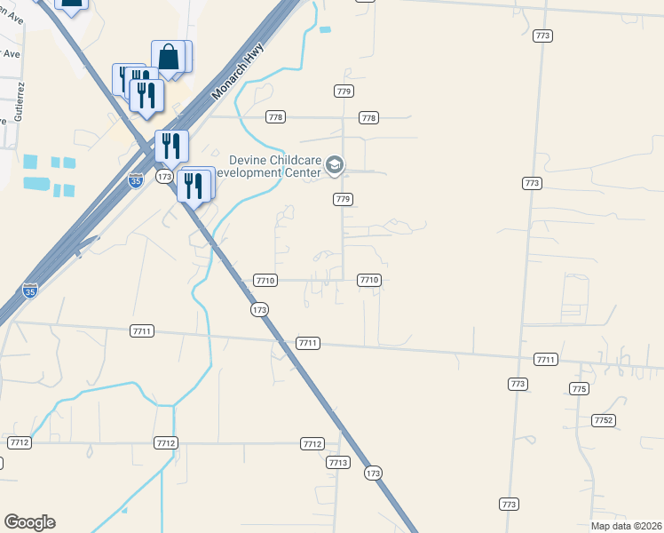 map of restaurants, bars, coffee shops, grocery stores, and more near 263 County Road 7710 in Devine