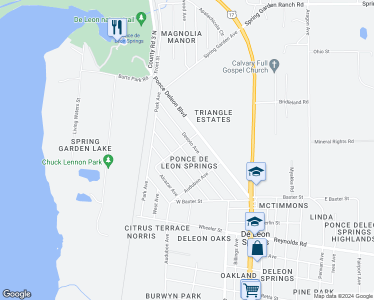 map of restaurants, bars, coffee shops, grocery stores, and more near 375 Cortez Avenue in De Leon Springs