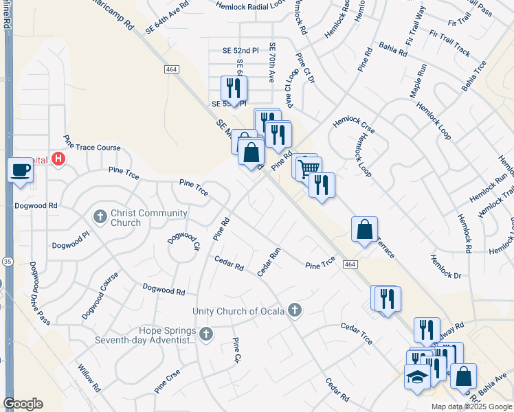 map of restaurants, bars, coffee shops, grocery stores, and more near 3 Pine Trace Place in Ocala