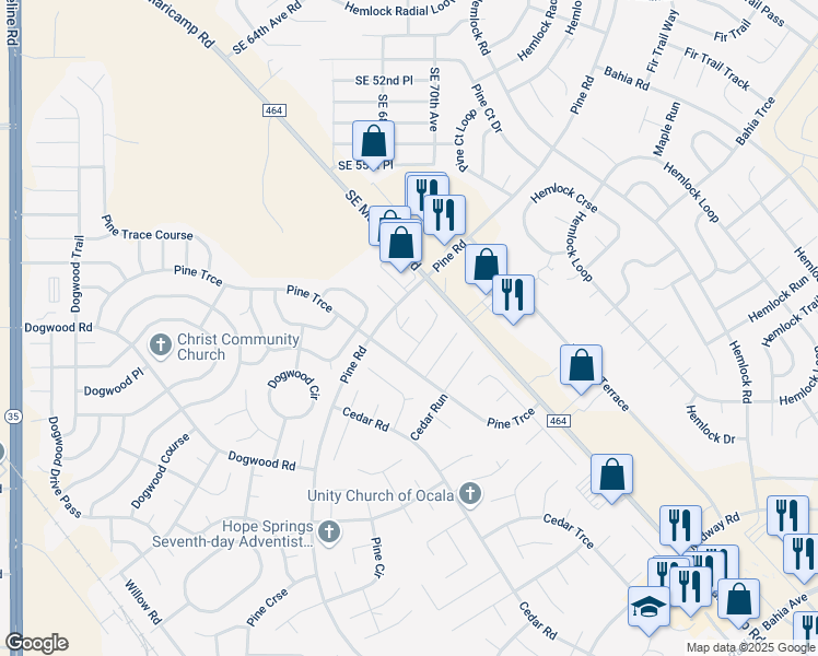 map of restaurants, bars, coffee shops, grocery stores, and more near 3 Pine Trace Place in Ocala