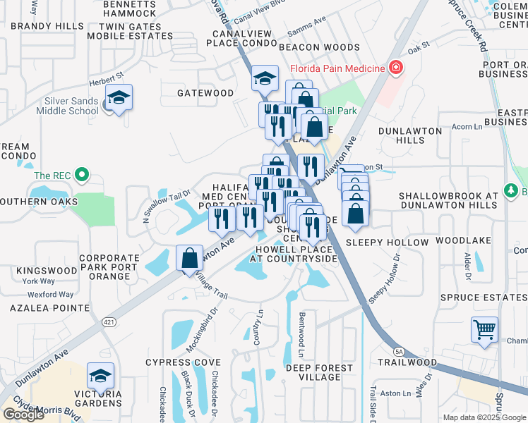 map of restaurants, bars, coffee shops, grocery stores, and more near 900 North Swallow Tail Drive in Port Orange