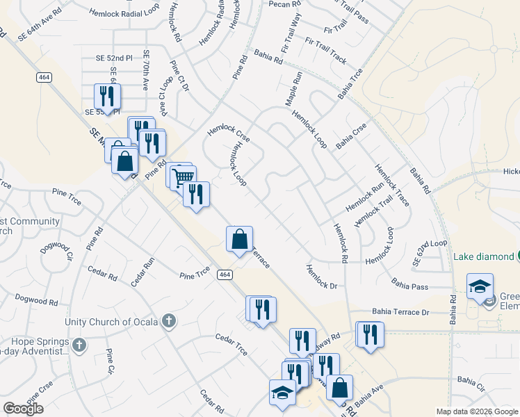 map of restaurants, bars, coffee shops, grocery stores, and more near 27 Hemlock Way in Ocala