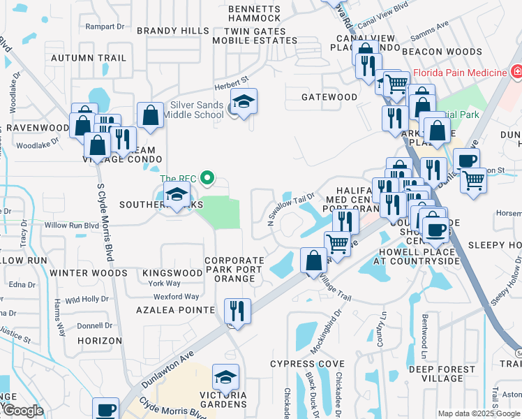 map of restaurants, bars, coffee shops, grocery stores, and more near 907 Brookmeadow Drive in Port Orange
