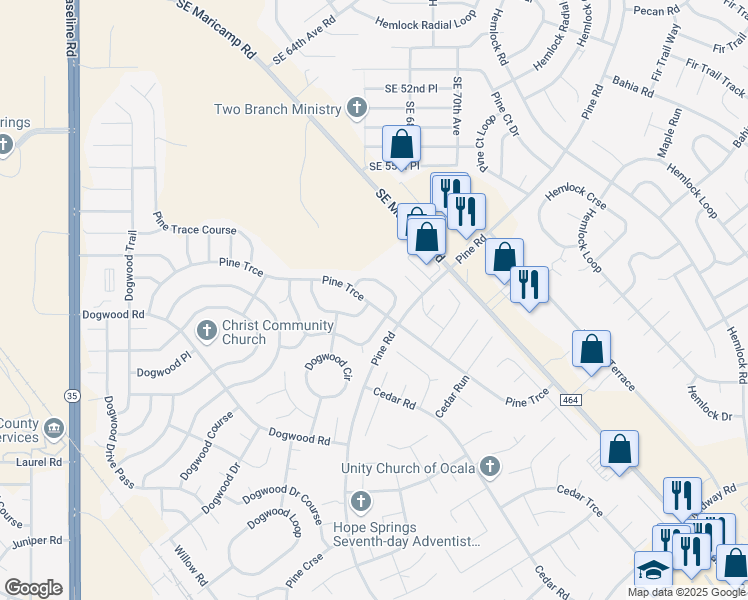 map of restaurants, bars, coffee shops, grocery stores, and more near 65 Pine Trace in Ocala