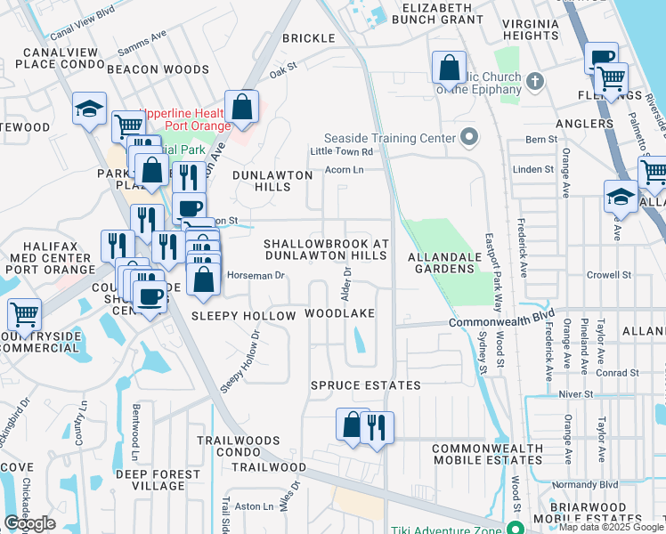 map of restaurants, bars, coffee shops, grocery stores, and more near 4548 Rockledge Lane in Port Orange