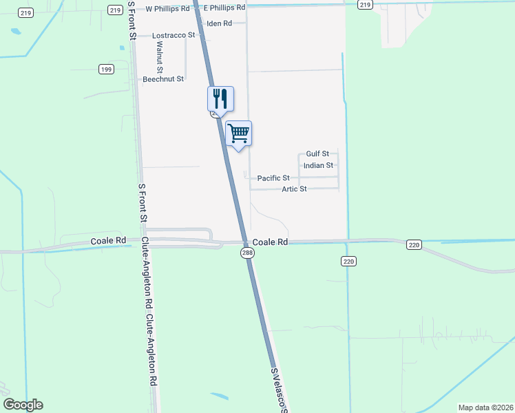 map of restaurants, bars, coffee shops, grocery stores, and more near 2801 South Highway 288b in Angleton