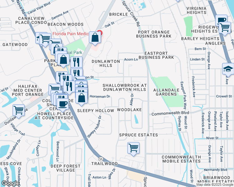 map of restaurants, bars, coffee shops, grocery stores, and more near 4535 Nettle Creek Court in Port Orange