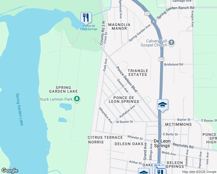 map of restaurants, bars, coffee shops, grocery stores, and more near 5431 Park Avenue in De Leon Springs