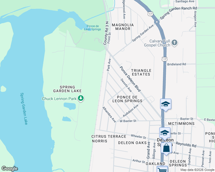 map of restaurants, bars, coffee shops, grocery stores, and more near 5431 Park Avenue in De Leon Springs