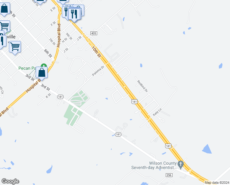 map of restaurants, bars, coffee shops, grocery stores, and more near 2339 10th Street in Floresville
