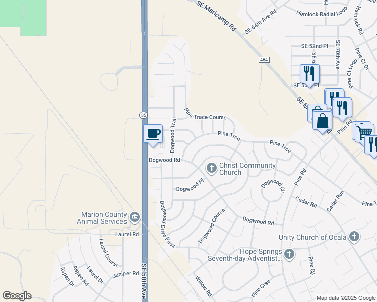 map of restaurants, bars, coffee shops, grocery stores, and more near 138 Pine Trace in Ocala