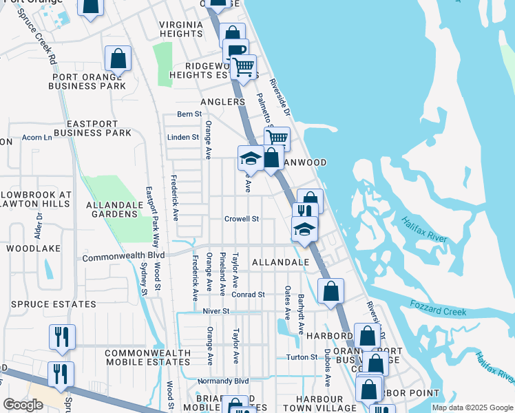map of restaurants, bars, coffee shops, grocery stores, and more near 5143 Isabelle Avenue in Port Orange