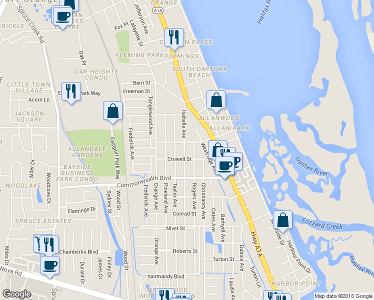 map of restaurants, bars, coffee shops, grocery stores, and more near 5143 Isabelle Avenue in Port Orange