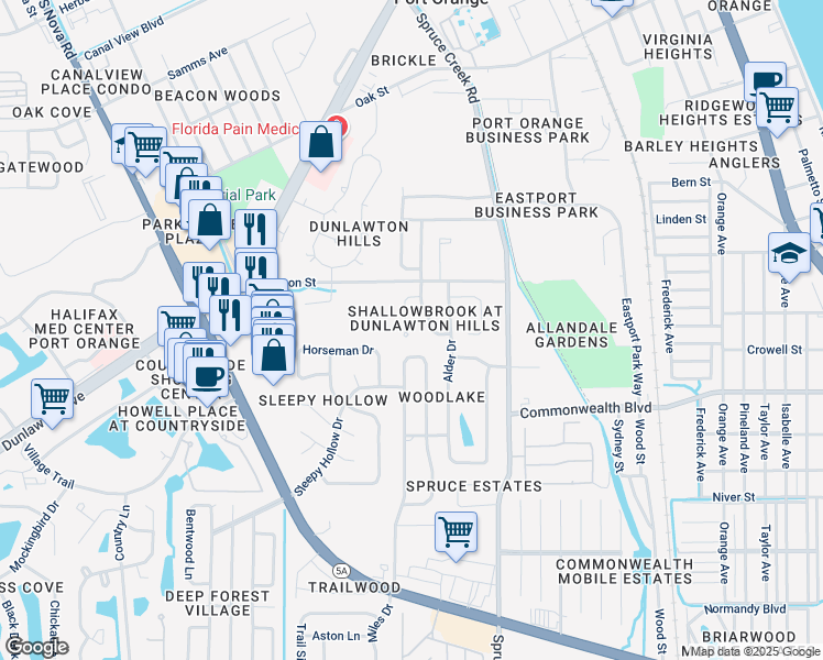 map of restaurants, bars, coffee shops, grocery stores, and more near 4535 Nettle Creek Court in Port Orange