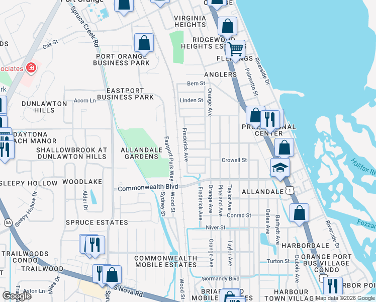 map of restaurants, bars, coffee shops, grocery stores, and more near 90 Howes Street in Port Orange