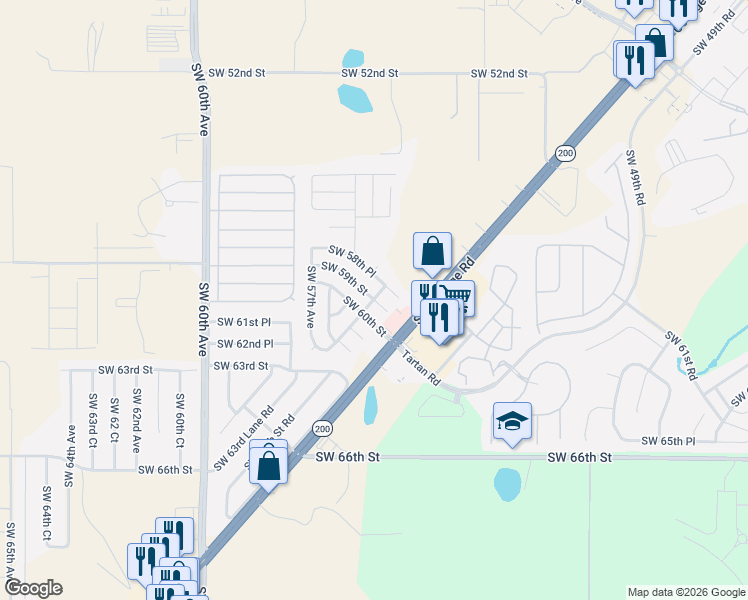 map of restaurants, bars, coffee shops, grocery stores, and more near SW 55th Court Rd & SW 59th St in Ocala