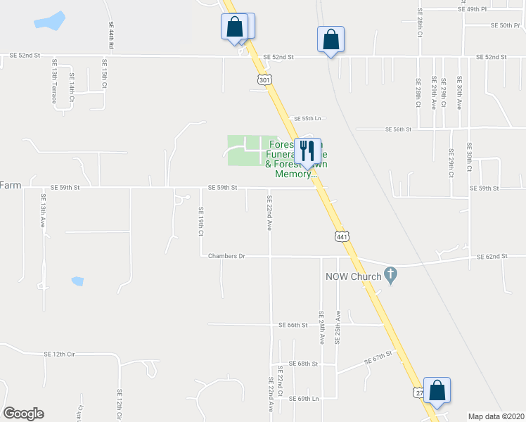 map of restaurants, bars, coffee shops, grocery stores, and more near 6012 Southeast 22nd Avenue in Ocala