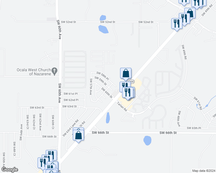 map of restaurants, bars, coffee shops, grocery stores, and more near 5562 Southwest 59th Street in Ocala