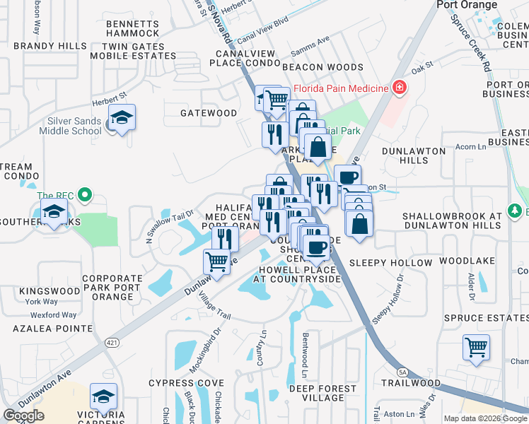 map of restaurants, bars, coffee shops, grocery stores, and more near 900-999 N Swallowtail Dr in Port Orange