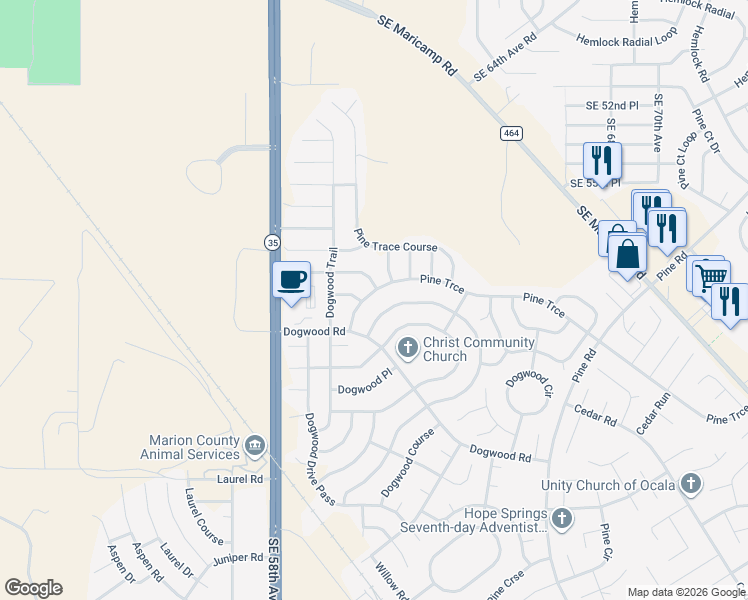 map of restaurants, bars, coffee shops, grocery stores, and more near 132 Pine Trace in Ocala