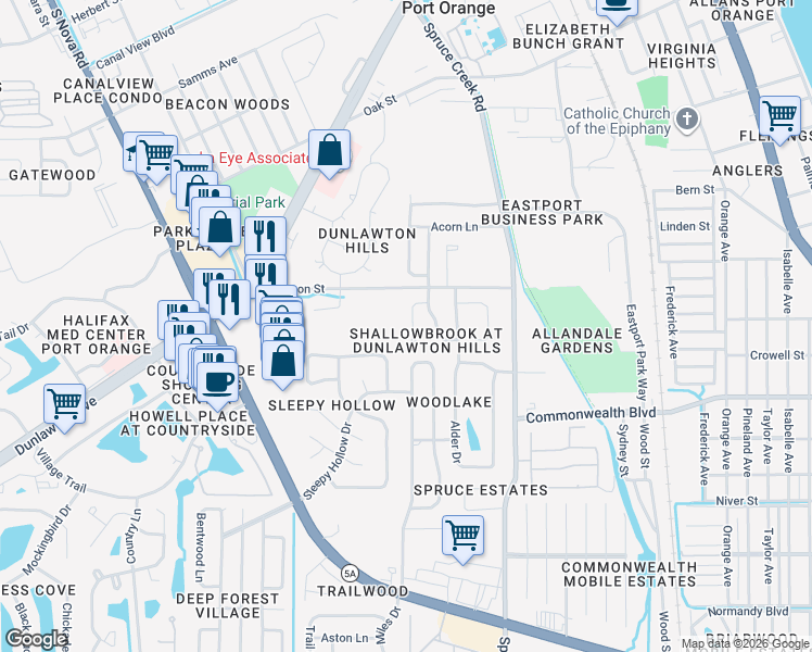 map of restaurants, bars, coffee shops, grocery stores, and more near 4535 Nettle Creek Court in Port Orange