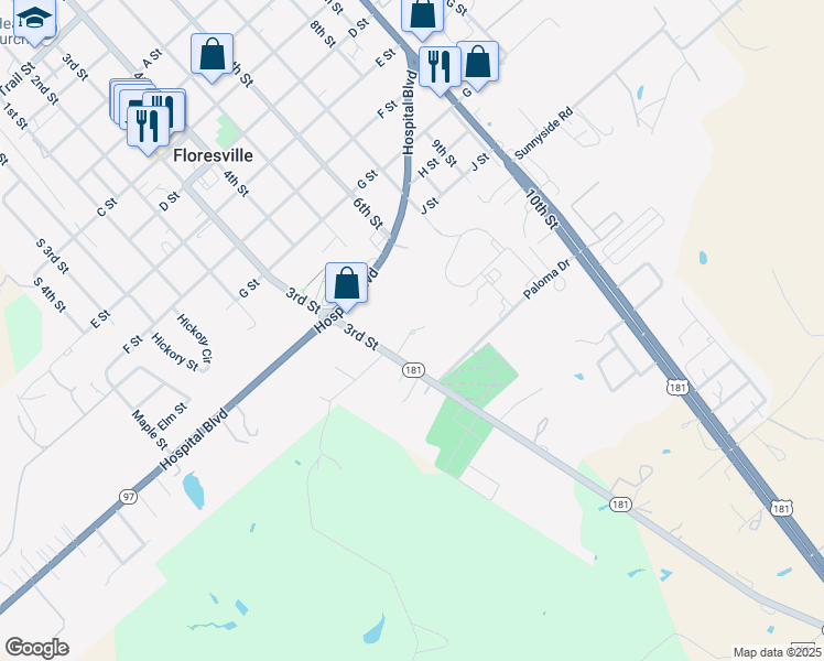 map of restaurants, bars, coffee shops, grocery stores, and more near 386 Paloma Drive in Floresville