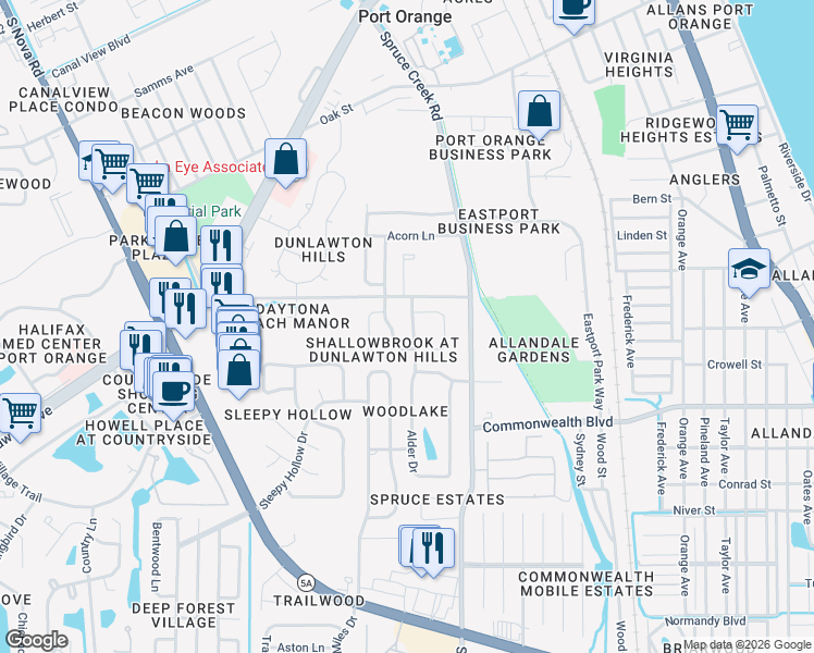 map of restaurants, bars, coffee shops, grocery stores, and more near 4530 Alder Drive in Port Orange