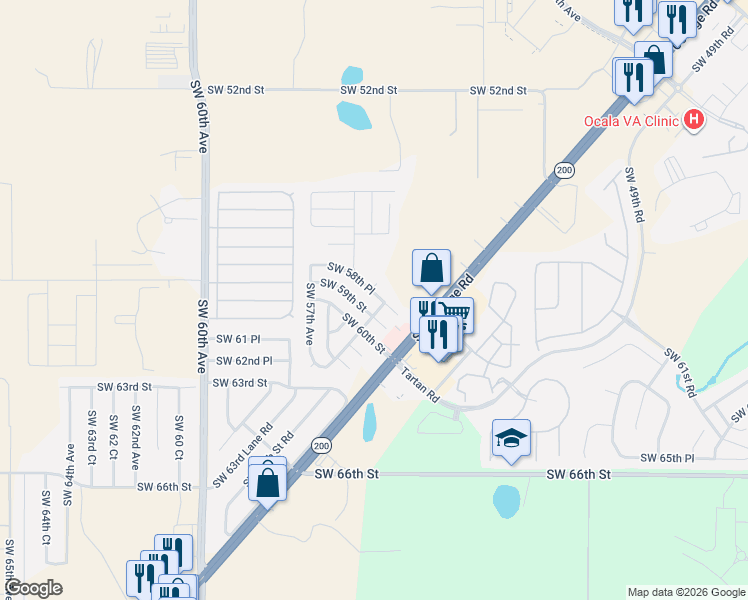 map of restaurants, bars, coffee shops, grocery stores, and more near 5519 Southwest 59th Street in Ocala