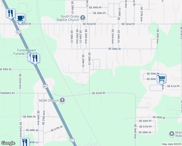 map of restaurants, bars, coffee shops, grocery stores, and more near 5850 Southeast 30th Court in Ocala