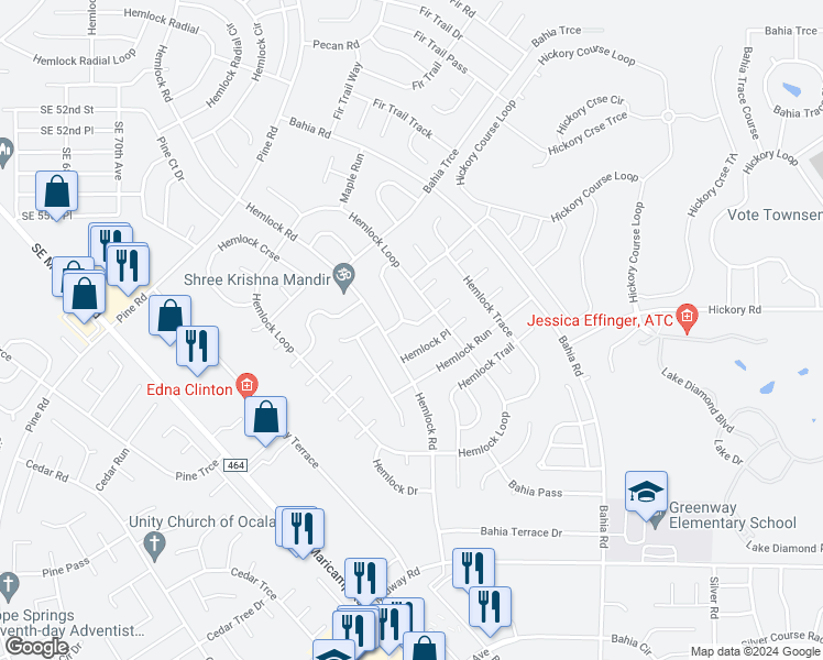 map of restaurants, bars, coffee shops, grocery stores, and more near 4 Hemlock Loop Court in Ocala