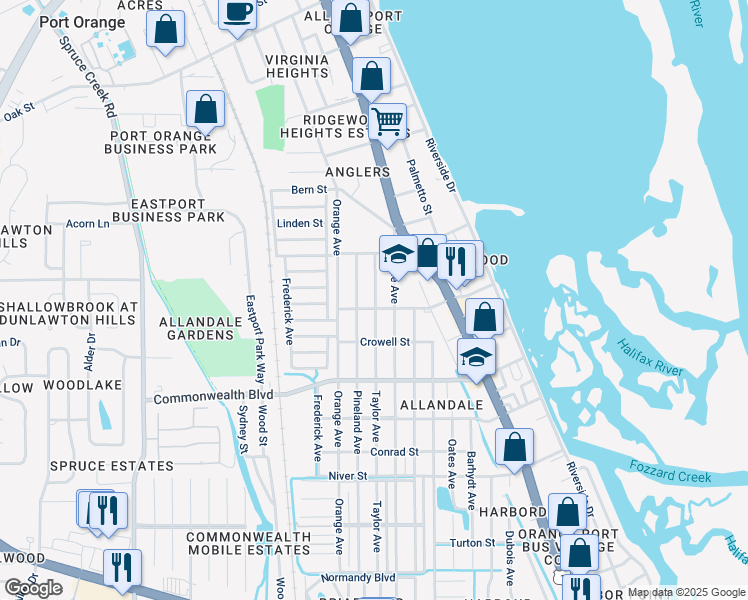 map of restaurants, bars, coffee shops, grocery stores, and more near 5136 Taylor Avenue in Port Orange