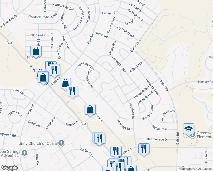 map of restaurants, bars, coffee shops, grocery stores, and more near 9 Hemlock Way in Ocala