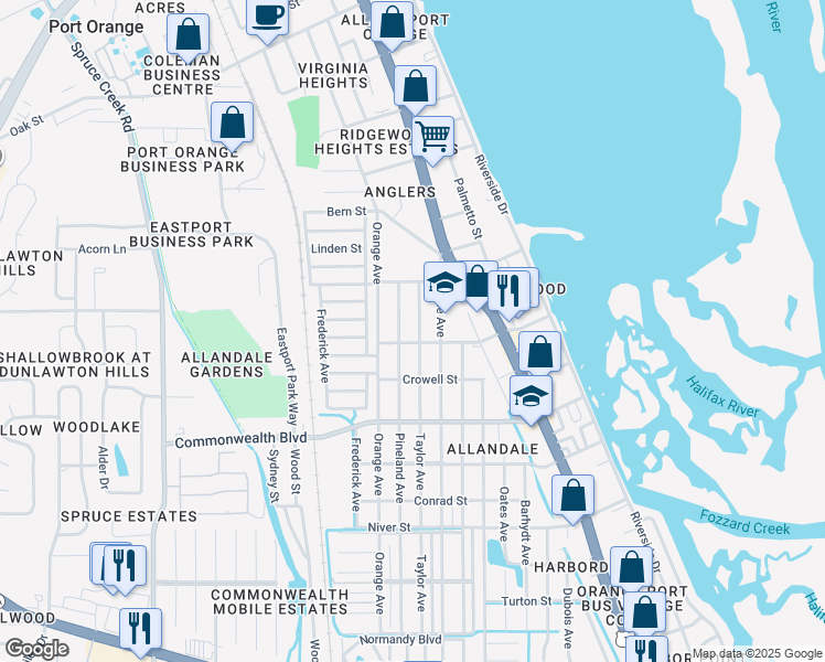 map of restaurants, bars, coffee shops, grocery stores, and more near 5127 Pineland Avenue in Port Orange