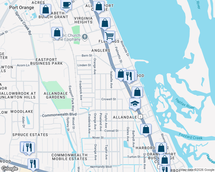 map of restaurants, bars, coffee shops, grocery stores, and more near 5127 Pineland Avenue in Port Orange