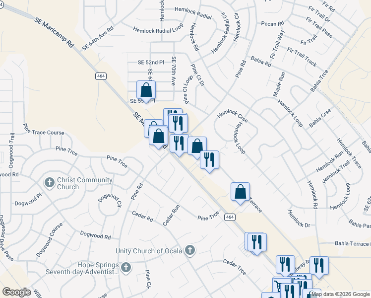 map of restaurants, bars, coffee shops, grocery stores, and more near 6847 Southeast Maricamp Road in Ocala