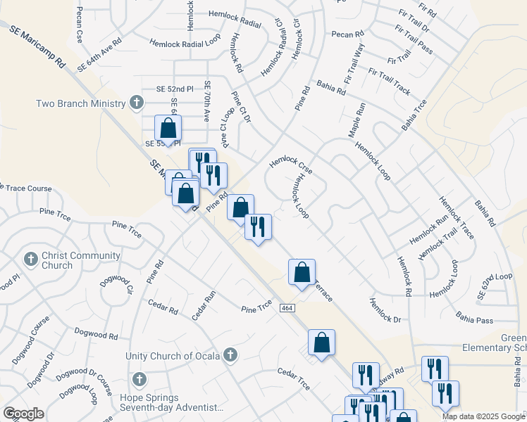 map of restaurants, bars, coffee shops, grocery stores, and more near 7000 Hemlock Course Run in Ocala
