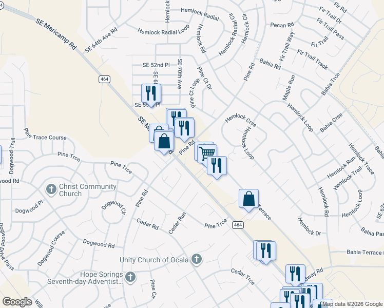 map of restaurants, bars, coffee shops, grocery stores, and more near 6847 Southeast Maricamp Road in Ocala