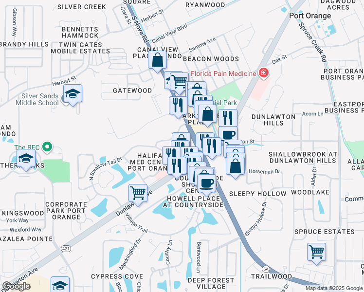 map of restaurants, bars, coffee shops, grocery stores, and more near 1026 Eagle Lake Trail in Port Orange