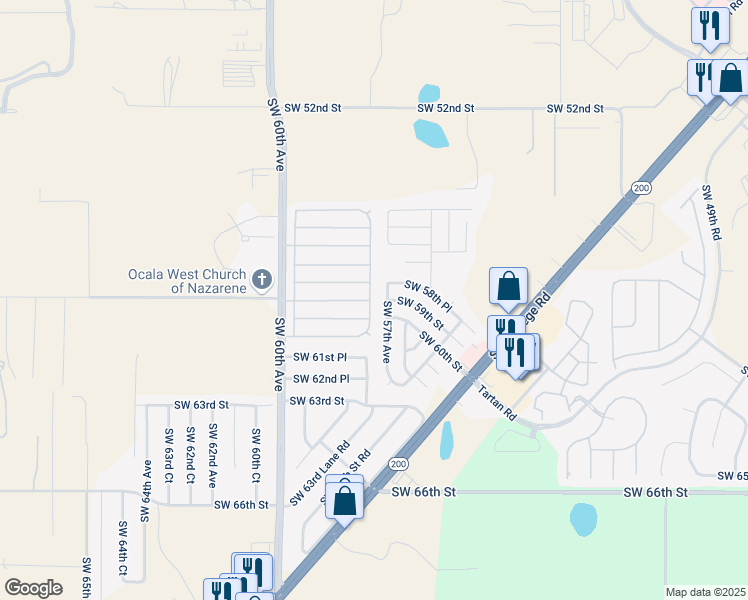 map of restaurants, bars, coffee shops, grocery stores, and more near 5701-5999 Southwest 59th Street in Ocala