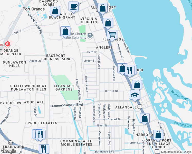 map of restaurants, bars, coffee shops, grocery stores, and more near 135 Young Street in Port Orange