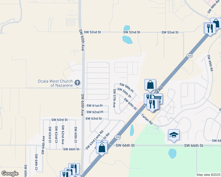 map of restaurants, bars, coffee shops, grocery stores, and more near 5701-5999 Southwest 59th Street in Ocala