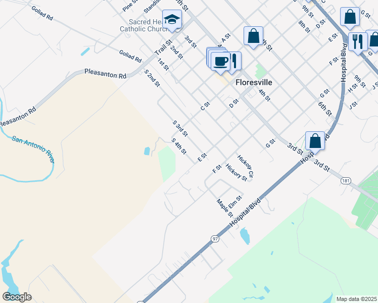 map of restaurants, bars, coffee shops, grocery stores, and more near 1406 S 4th St in Floresville