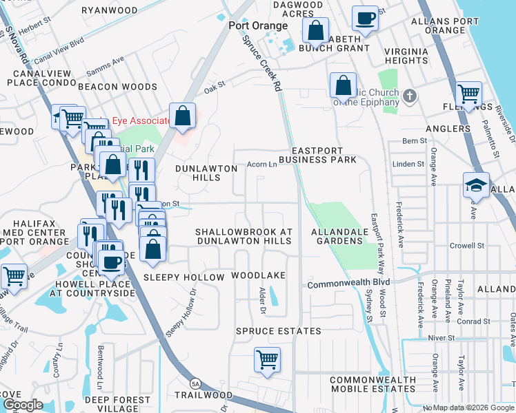 map of restaurants, bars, coffee shops, grocery stores, and more near 4500 Alder Drive in Port Orange
