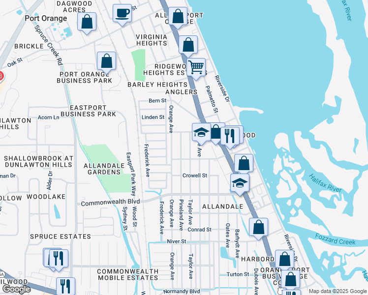 map of restaurants, bars, coffee shops, grocery stores, and more near 5127 Pineland Avenue in Port Orange