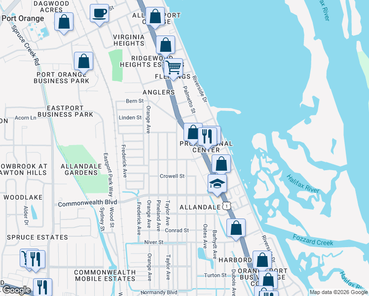 map of restaurants, bars, coffee shops, grocery stores, and more near 5115 Isabelle Avenue in Port Orange